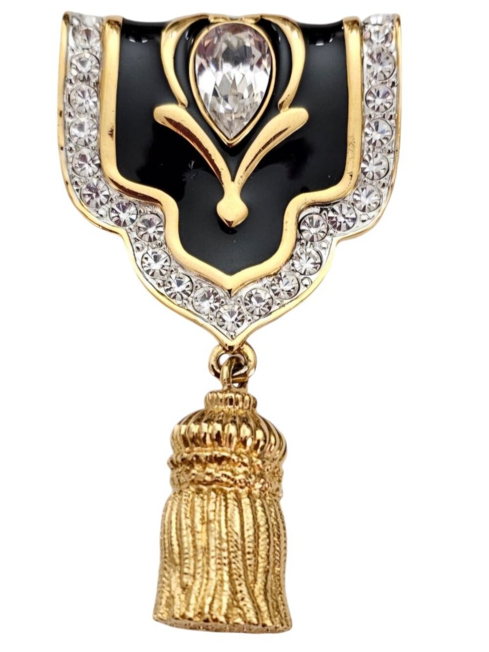Crystalline Brooch, Black Enamel, Clear Crystal Shield Tassel Pin, Pendant L505